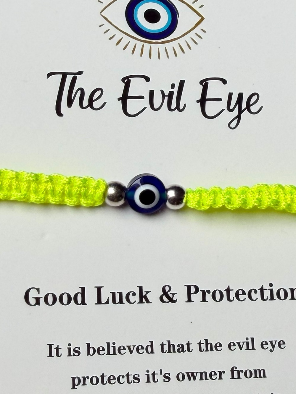 Evil Eye Protection Adjustable Cord Bracelet NEON YELLOW Nazar Good Luck NWT